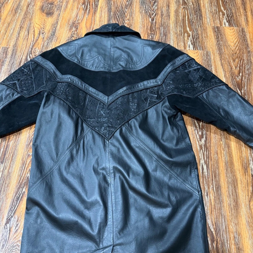 VTG Outbrook Black Leather Western Trench Coat Embossed Suede Trim Petite S PS